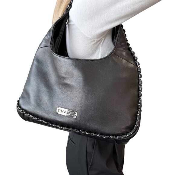 CHANEL Vintage Logo Plate Chain Shoulder Bag Handbag Black Silver [105527] - Picture 1 of 12
